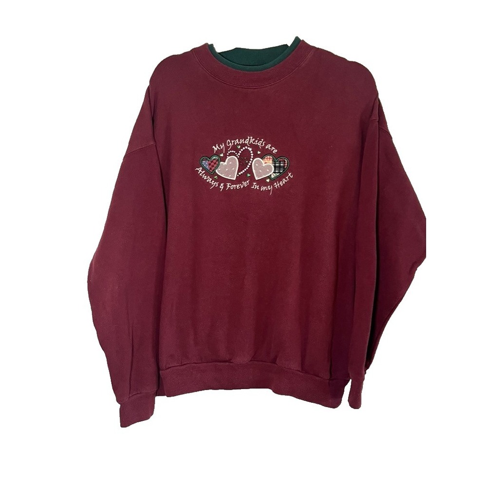 Vintage Grandma Embroidered Sweatshirt Red 1X Retro Boho Rhinestone Love Hearts